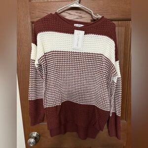 Elegant Striped Knit Sweater - Burgundy and Cream